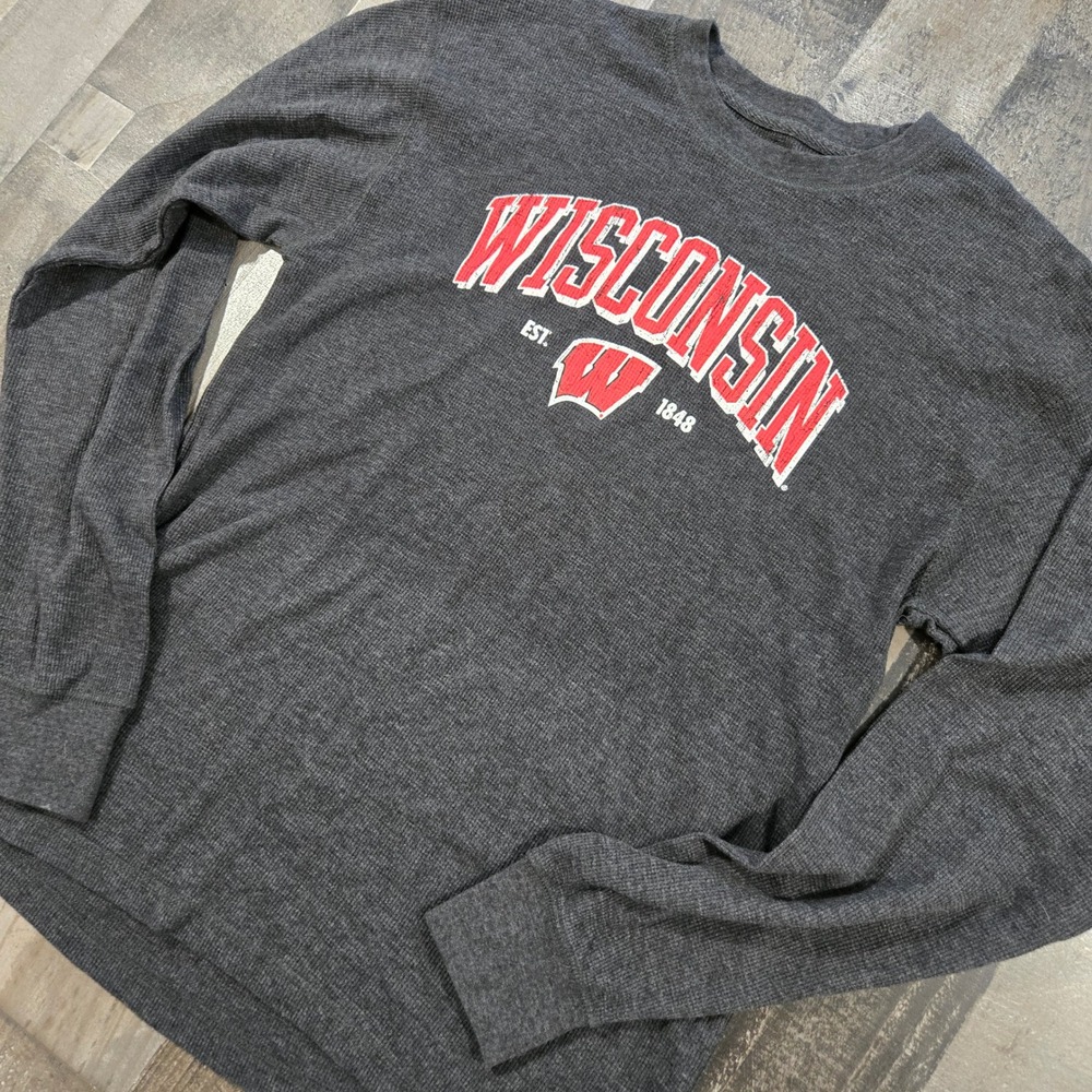 Wisconsin Badgers Pro Edge Mens Large Gray Waffle Knit Thermal Long Sleeve Shirt
